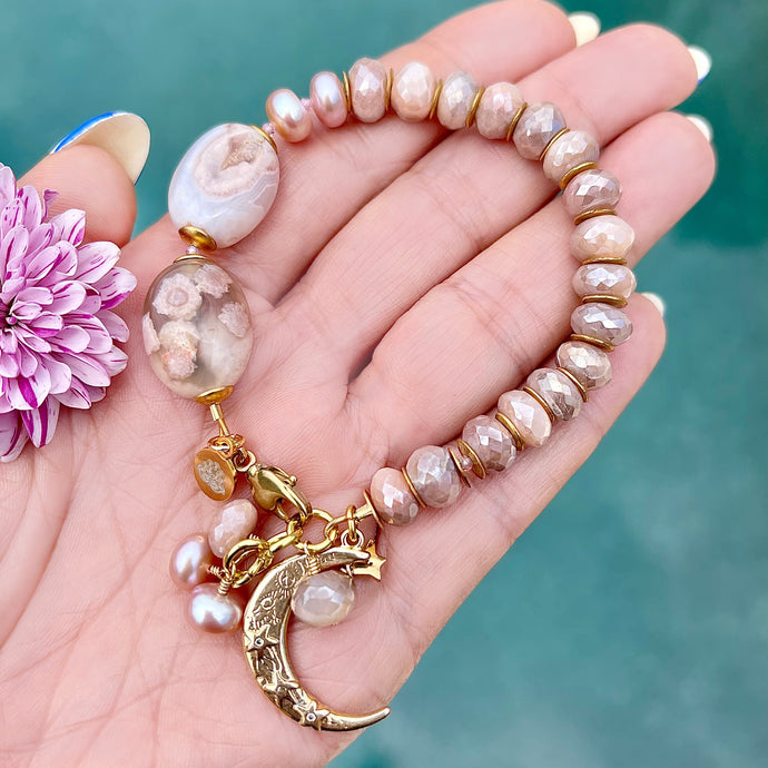 Mystic Moonstone, Pearl and Stalactite Agate Moon Bracelet