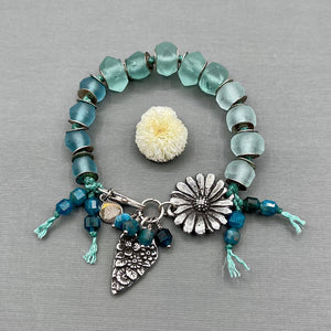 Amazonite and Java Recycled Glass Flower Bracelet