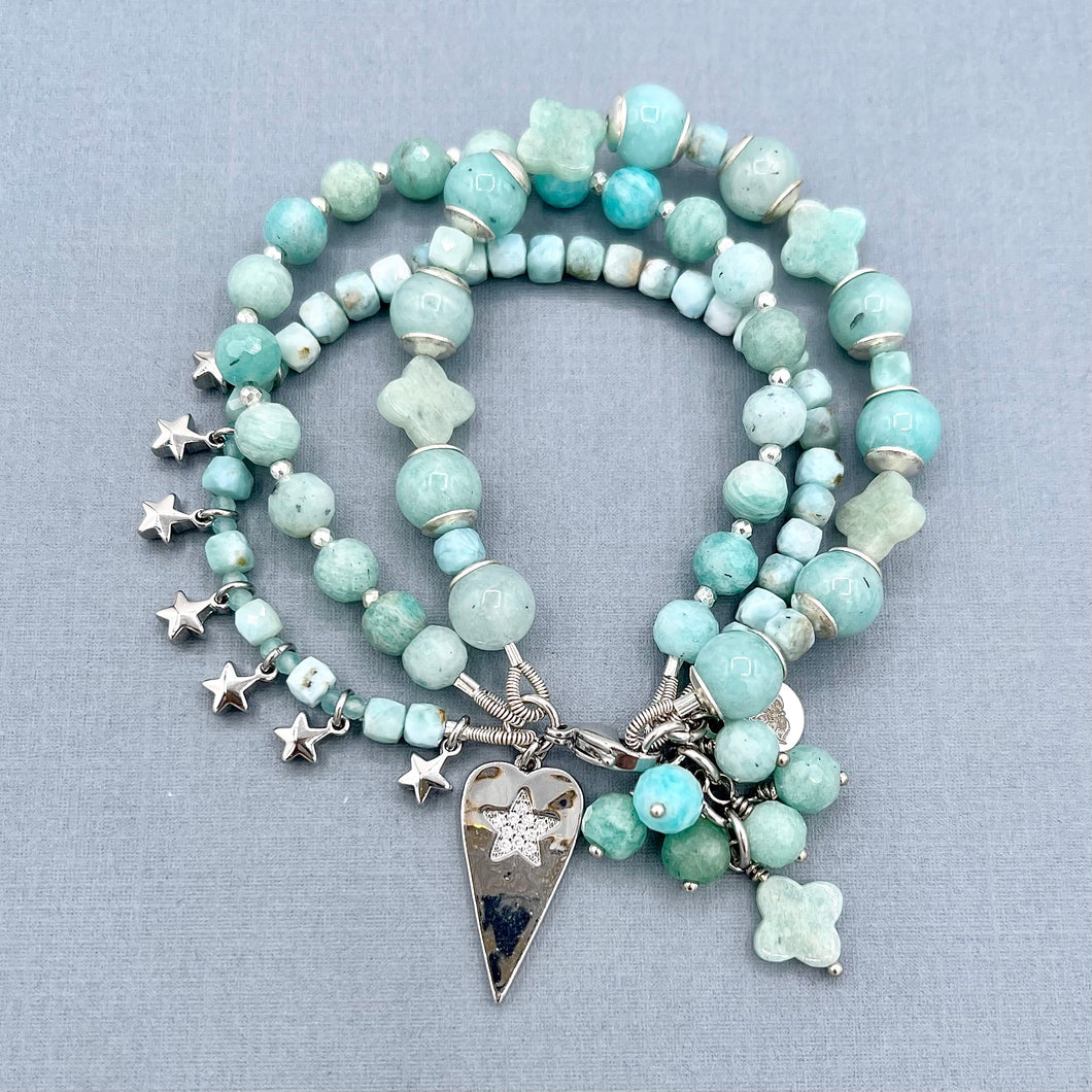 Amazonite and Larimar 3 Row Star Bracelet