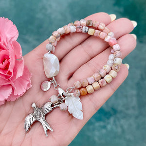 Moonstone and Pink Opal 2-Row Bird Bracelet
