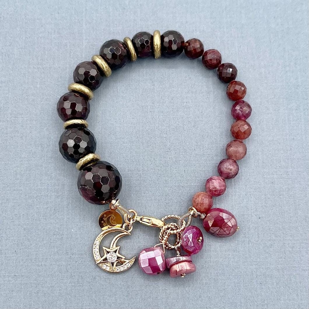 Red Garnet and Multicolor Spinal Moon Bracelet