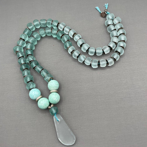 Amazonite and Java Recycled Glass Long Necklace