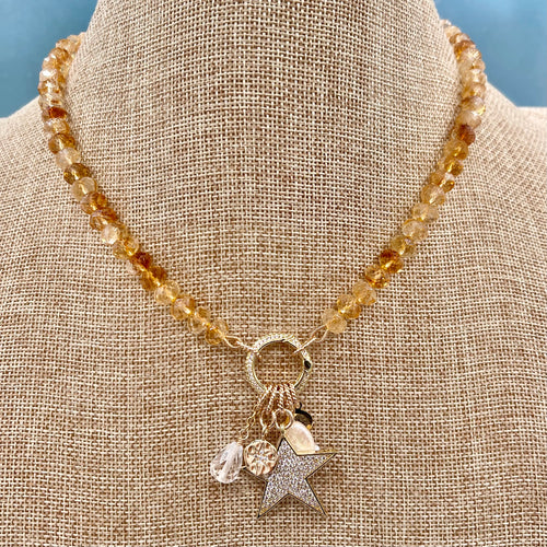 Citrine Silk Knotted Star Charm Necklace