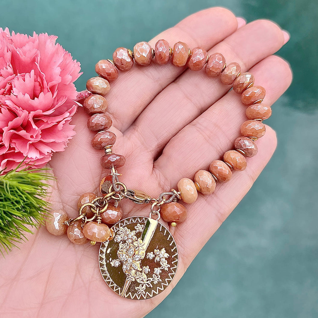Peach Mystic Moonstone Flower Charm Bracelet