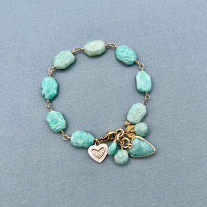 Amazonite Wire Wrapped Gold Filled Bracelet With Gold Plated heart Charms