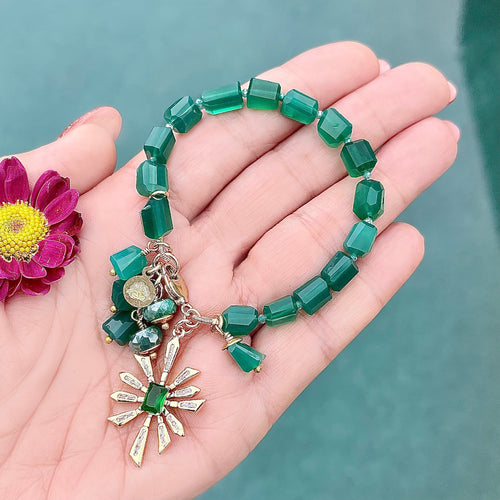 Green Onyx, Mystic Moonstone Flower Charm Bracelet