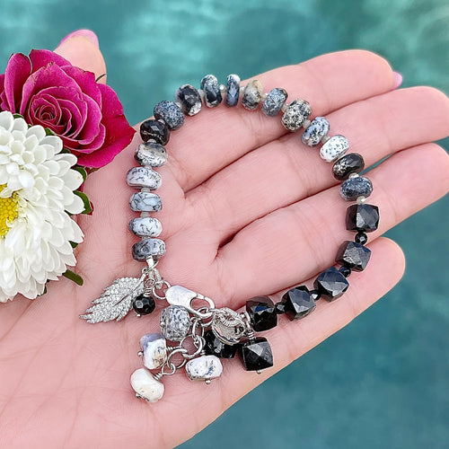 Dendrite Opal and  Black Spinel Feather Bracelet