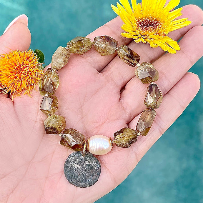 Smoky Quartz, Freshwater pearl, Roman Coin Stretch Bracelet