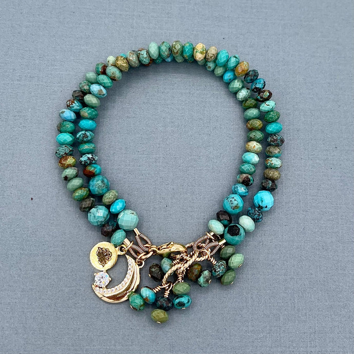 Turquoise Rondelles 2-Row Bracelet Moon Charm Bracelet