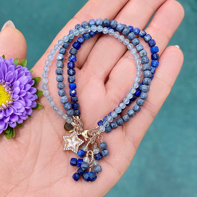 Aquamarine, Lapis Lazuli, and Sponge 3-Row Star Bracelet