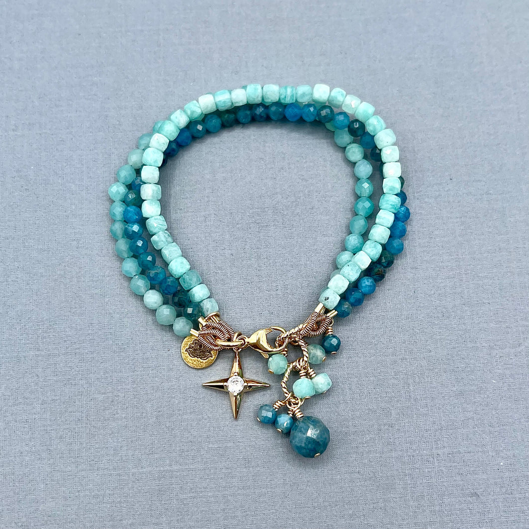Amazonite and Apatite 3-Row Star Bracelet