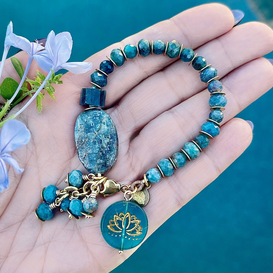 Kyanite and Apatite Lotus Flower Bracelet