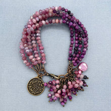 Pink Tourmaline and Stichtite 5 Strand Rose Charm Bracelet