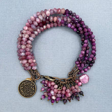 Pink Tourmaline and Stichtite 5 Strand Rose Charm Bracelet