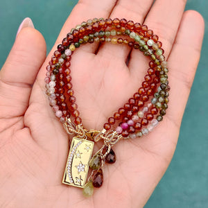 Watermelon Tourmaline and Hessonite Garnet 5 Row Bracelet