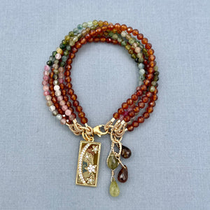 Watermelon Tourmaline and Hessonite Garnet 5 Row Bracelet