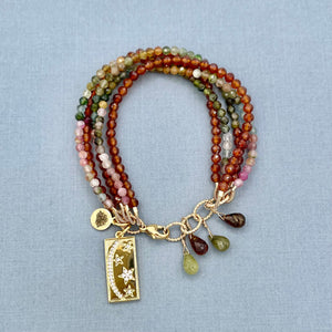 Watermelon Tourmaline and Hessonite Garnet 5 Row Bracelet