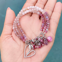 Pink Tourmaline and Rose Quartz  3 Strand Heart Bracelet