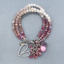 Pink Tourmaline and Rose Quartz  3 Strand Heart Bracelet