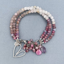 Pink Tourmaline and Rose Quartz  3 Strand Heart Bracelet