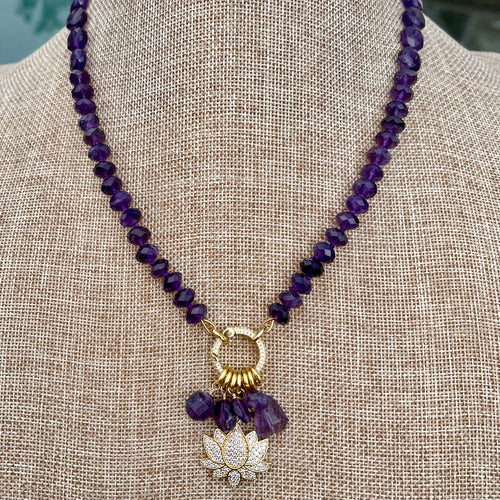 Amethyst Lotus Flower Charm Necklace