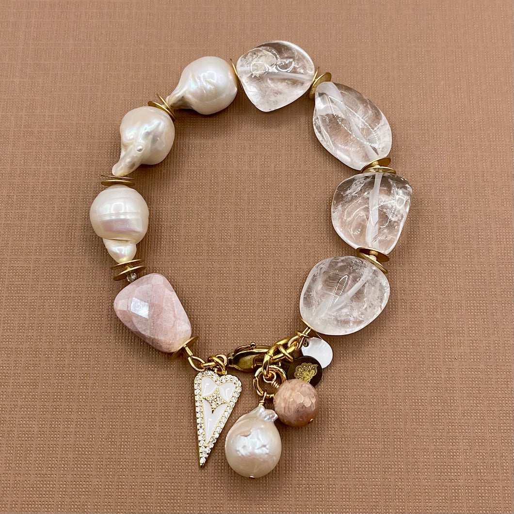 Quartz Crystal, Peach Moonstone, and Baroque Pearl Pave Heart Bracelet