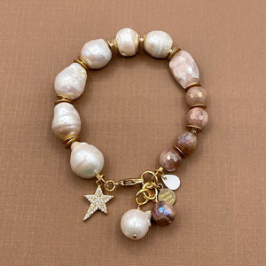 Peach Moonstone and Baroque Pearl Pave Star Bracelet