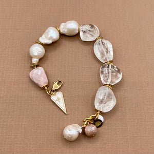 Quartz Crystal, Peach Moonstone, and Baroque Pearl Pave Heart Bracelet