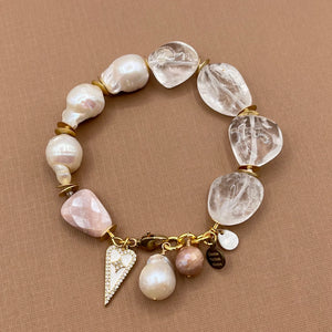 Quartz Crystal, Peach Moonstone, and Baroque Pearl Pave Heart Bracelet