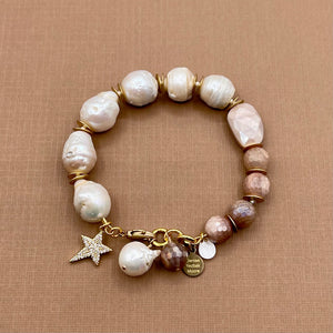 Peach Moonstone and Baroque Pearl Pave Star Bracelet