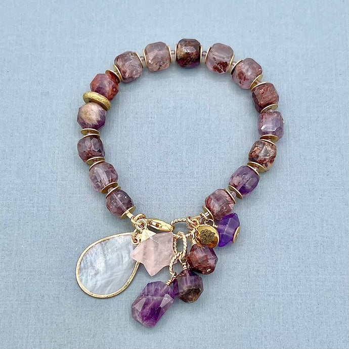 Purple Phantom Quartz and Amethyst Star Bracelet