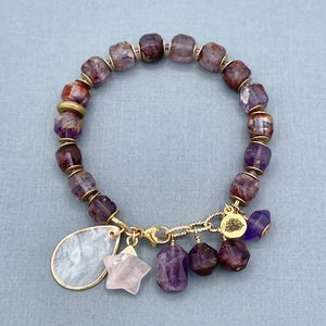 Purple Phantom Quartz and Amethyst Star Bracelet