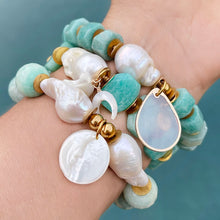 Amazonite and Freshwater Pearl Stretch Bracelet With 2 Crescent Moon Charms