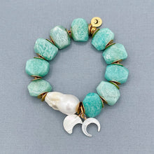 Amazonite and Freshwater Pearl Stretch Bracelet With 2 Crescent Moon Charms