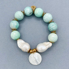 Amazonite and 2 Freshwater Pearl Stretch Bracelet With Crescent Moon Face