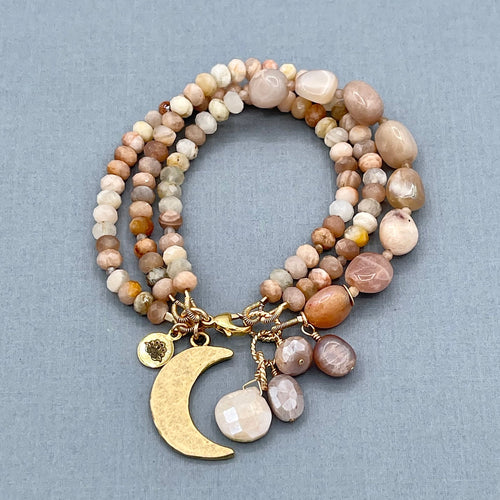 Peach Moonstone Moon 3-Row Bracelet