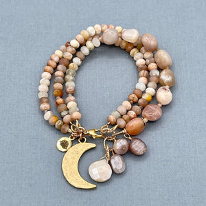 Peach Moonstone Moon 3-Row Bracelet