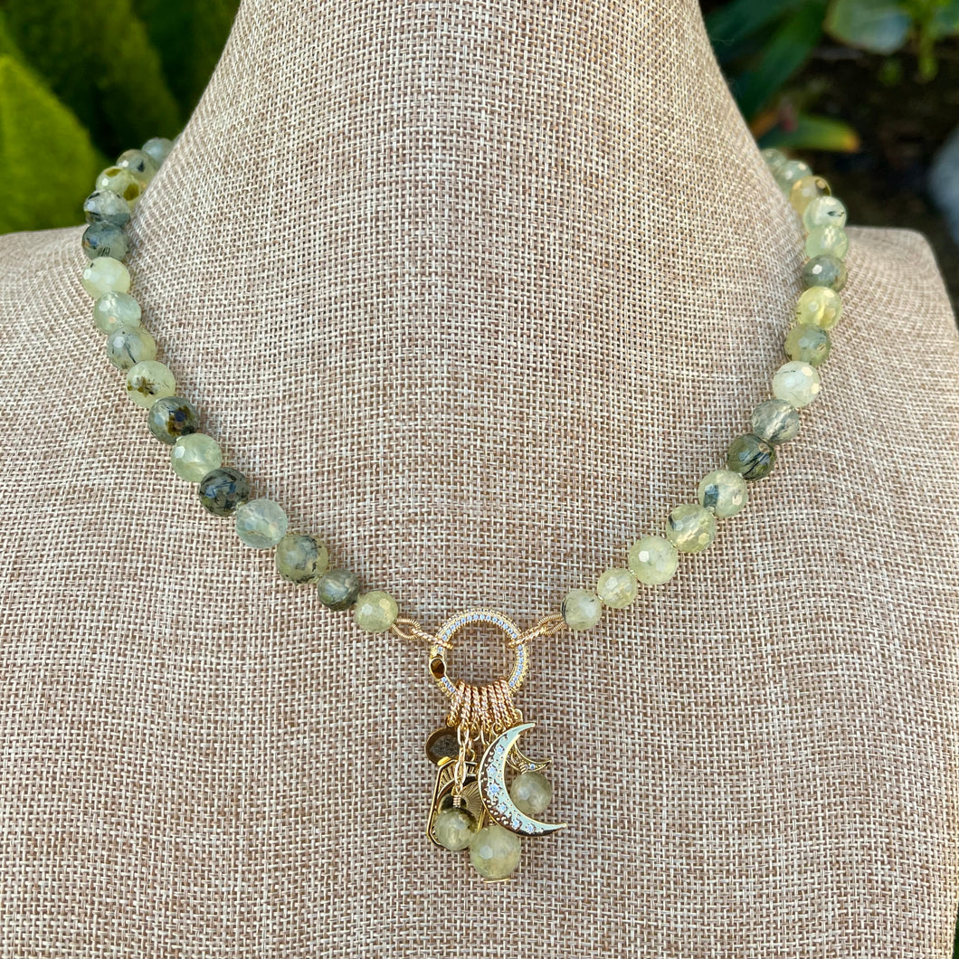 Prehnite Moon Silk Knotted Charm Necklace