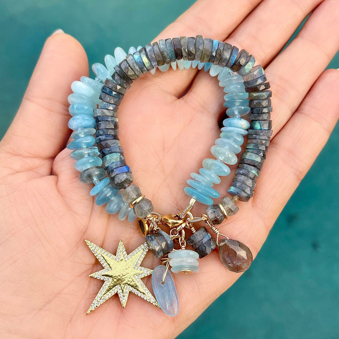 2-Row Aquamarine and Labradorite Star Bracelet