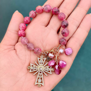 Rhodonite In Quartz Cross Bracelet
