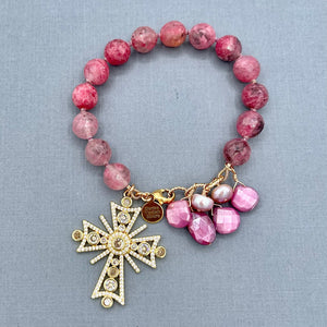 Rhodonite In Quartz Cross Bracelet