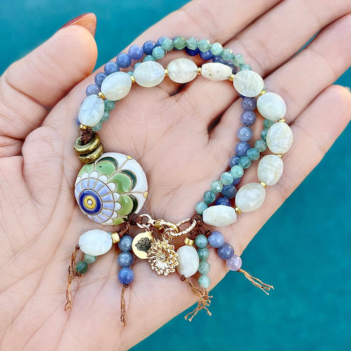 Paisley Moonstone, Tanzanite and Green Aventurine Knotted Bracelet