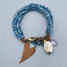 Aquamarine A+ 5 Strand Heart Charm Bracelet