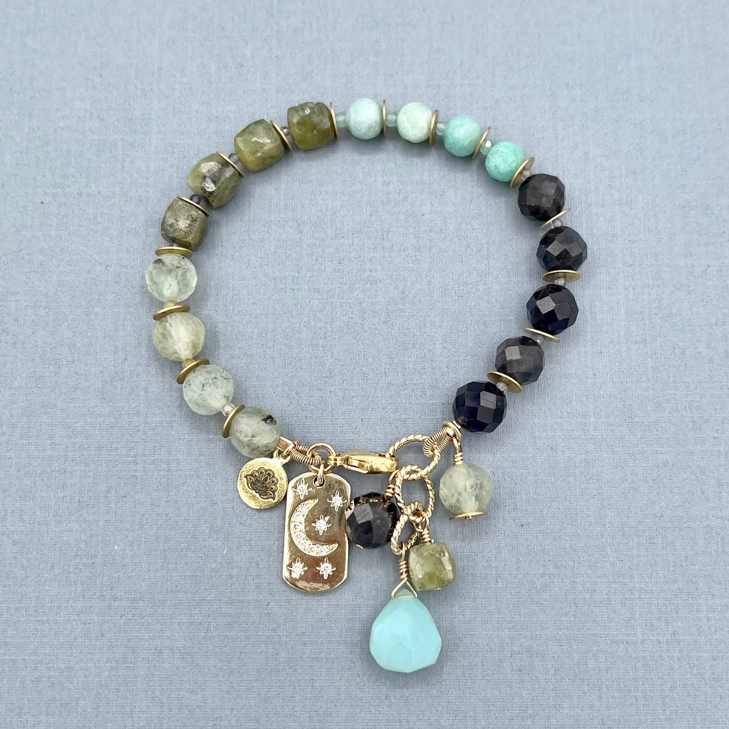 Prehnite, Green Garnet, Amazonite and Iolite Bracelet