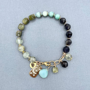 Prehnite, Green Garnet, Amazonite and Iolite Bracelet