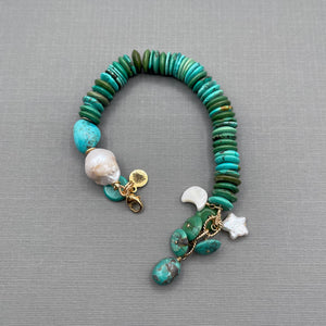 Hubei Turquoise and Pearl Moon and Star Gold Filled Bracelet