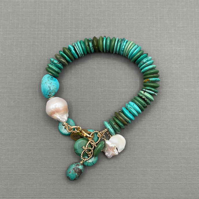 Hubei Turquoise and Pearl Moon and Star Gold Filled Bracelet