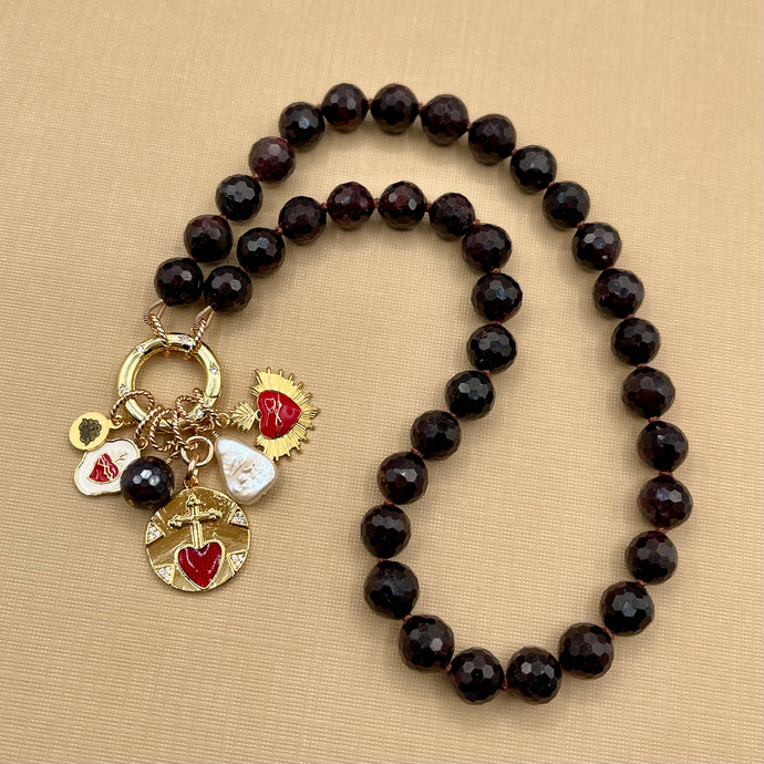 Deep Red Garnet Sacred Heart Charm Necklace