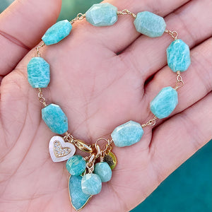 Amazonite Wire Wrapped Gold Filled Bracelet With Gold Plated heart Charms