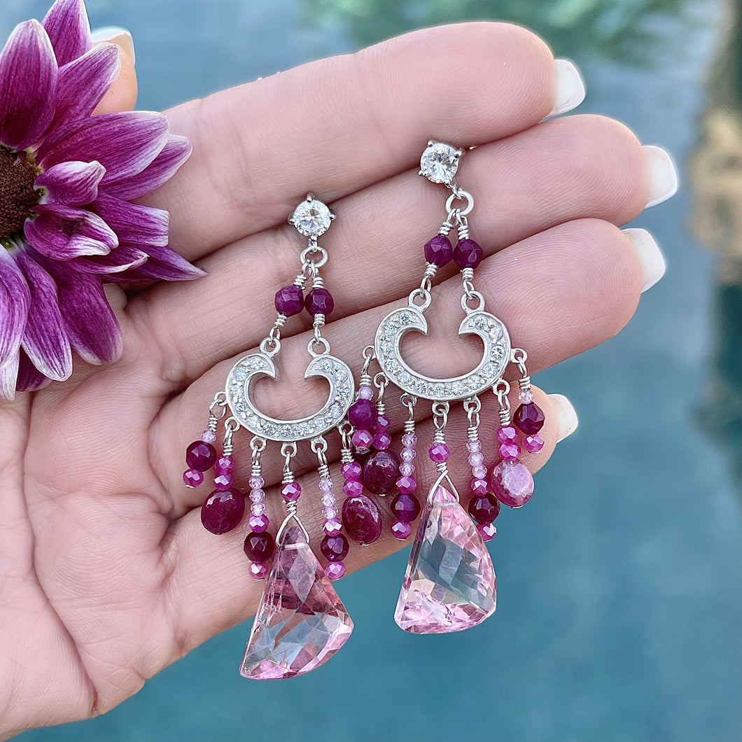 Quartz Crystal, Ruby and Agate Sterling Silver Chandelier Earrings